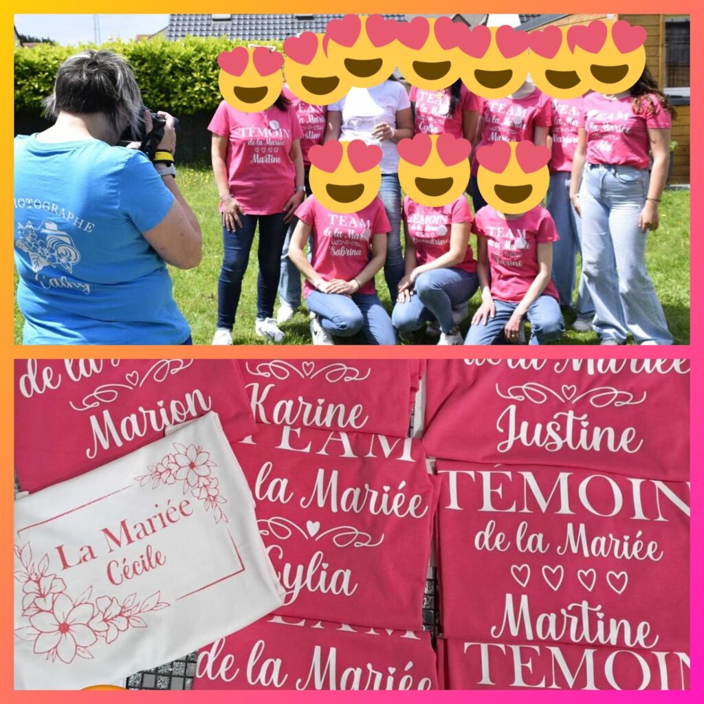 T-shirts personnalisés roses et blanc pour EVJF – Team de la Mariée